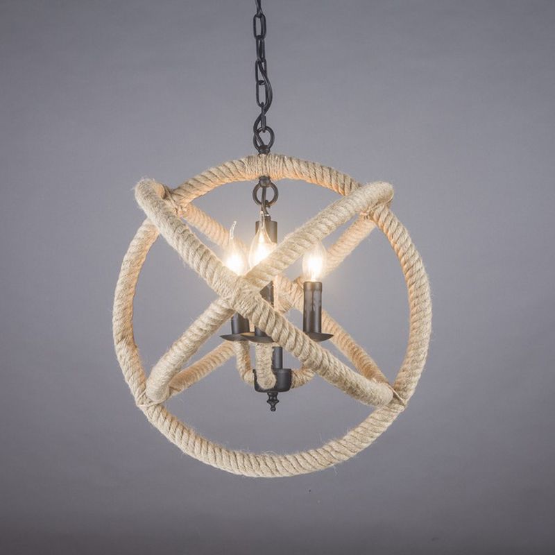 Rope Antique Cage Chandelier 3-Light Hanging Pendant Lights for Dining Room