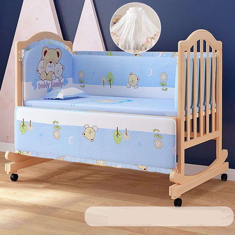 Solid Wood  Baby Crib Convertible Nursery Bed with Casters and Guardrail