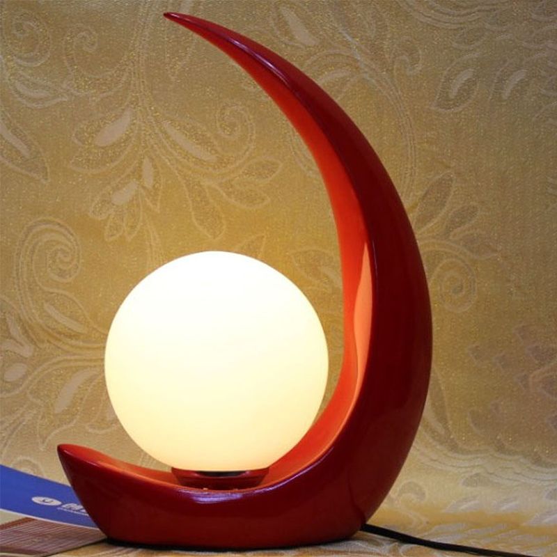 Moon Shape Nightstand Light Minimal Resin 1-Light Red Night Table Lamp with Orb Opal Glass Shade