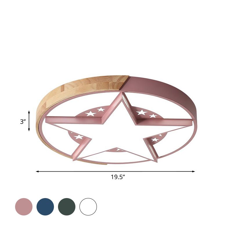 Star Bedroom Flush Ceiling Light with Round Design Metal LED Macaron Flush Mount in White/Pink/Blue and Wood