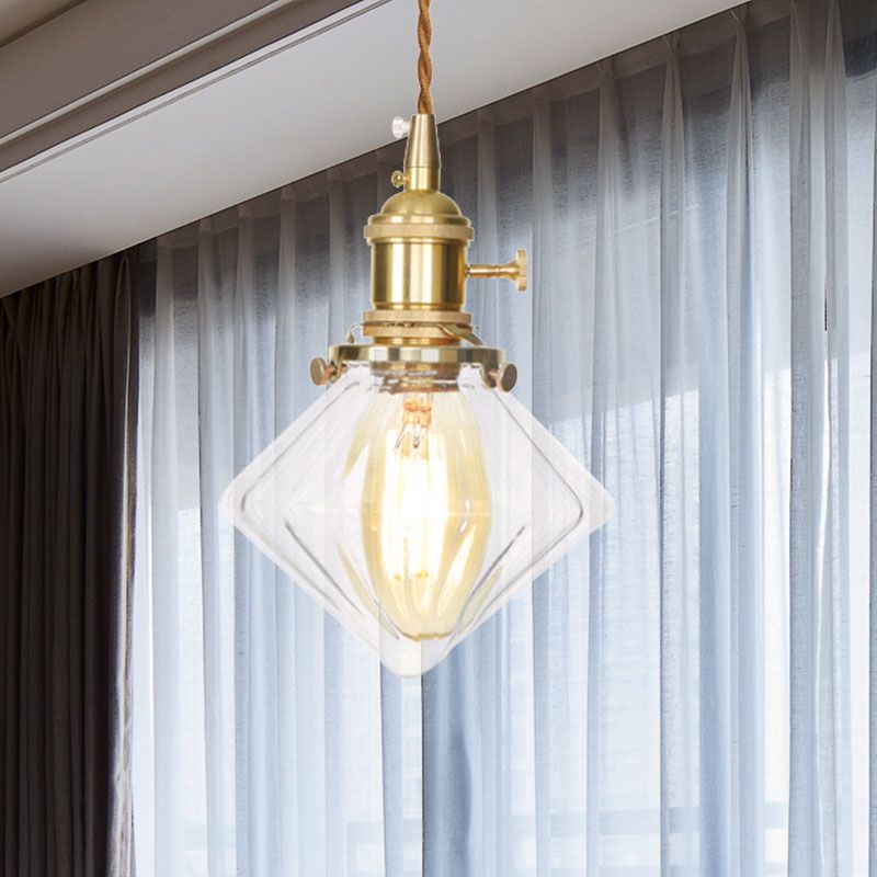 Single Light Gem Suspension Light with Clear Ribbed Glass Vintage Pendant Light in Brass