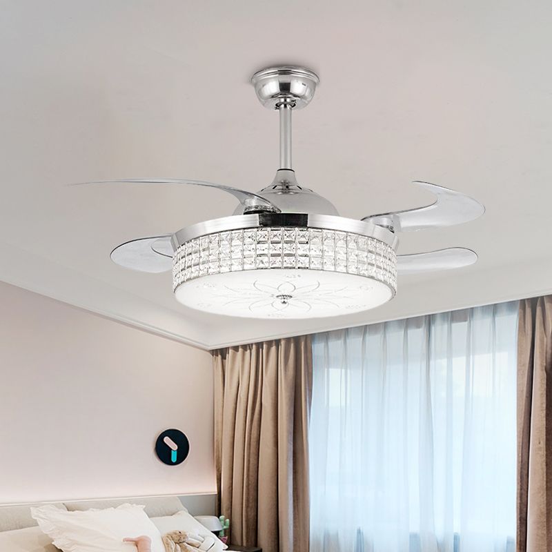 Crystal Round Ceiling Fan Light Contemporary LED Ceiling Mounted Fixture in Silver/Gold with Remote Control/Wall Control/Remote Control and Wall Control