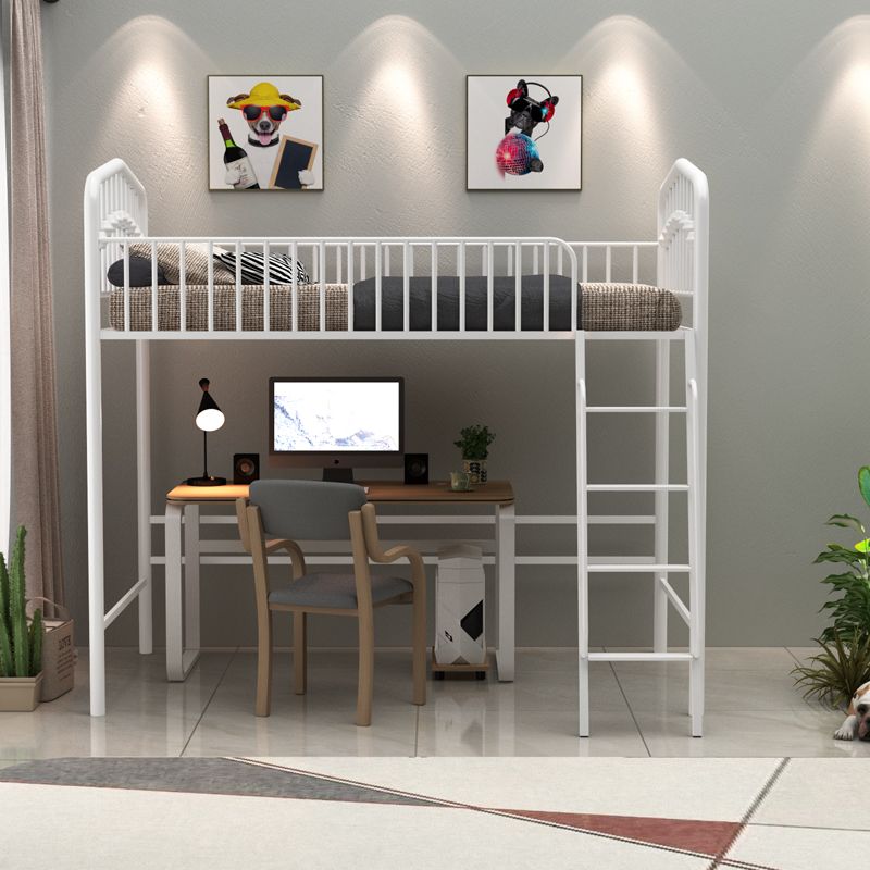 Built-In Ladder Loft Bed Metal White/Black Kids Bed with Guardrail