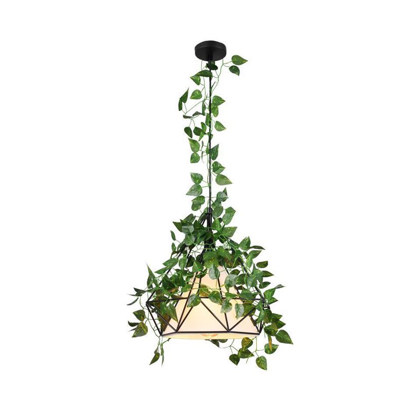 1 Bulb Diamond Cage Ceiling Pendant Farmhouse Red/Pink/Green Metal Suspension Light with Fabric Shade and Fake Flower/Leaf Deco