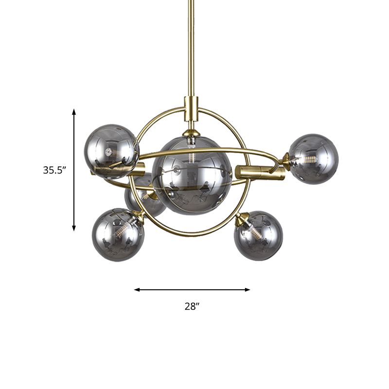 Gold Concentric Ring Pendant Light with Sphere Shade Amber/Clear/Smoke Glass Contemporary Chandelier for Living Room