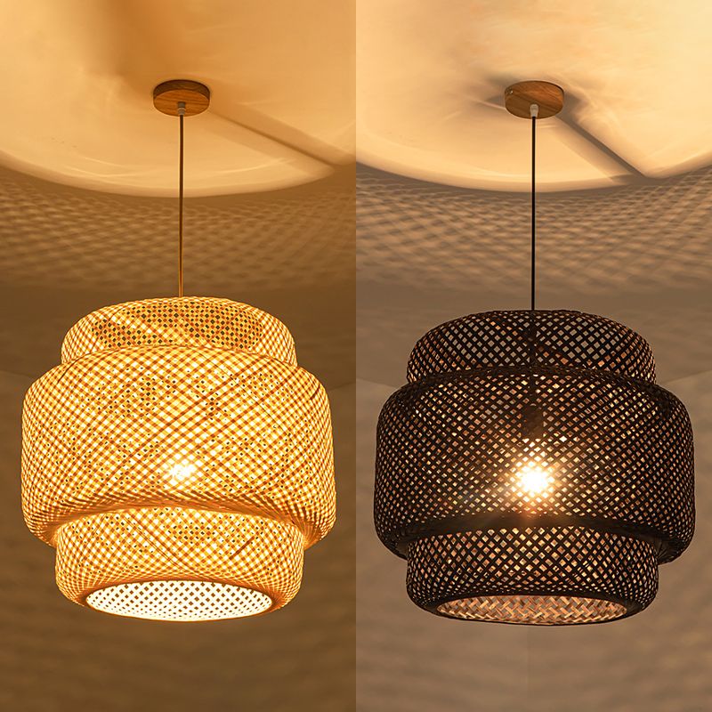 Lantern Bamboo Rattan Shape Pendant Hanging Lamp Asia Style 1 Light Hanging Ceiling Light  for Living Room