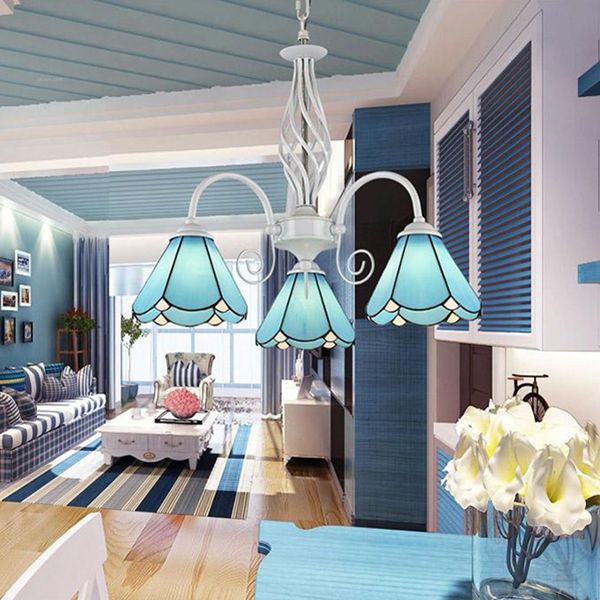 Blue Glass Cone Chandelier Light with Hanging Chain Traditional 3 Lights Indoor Lighting for Dining Room