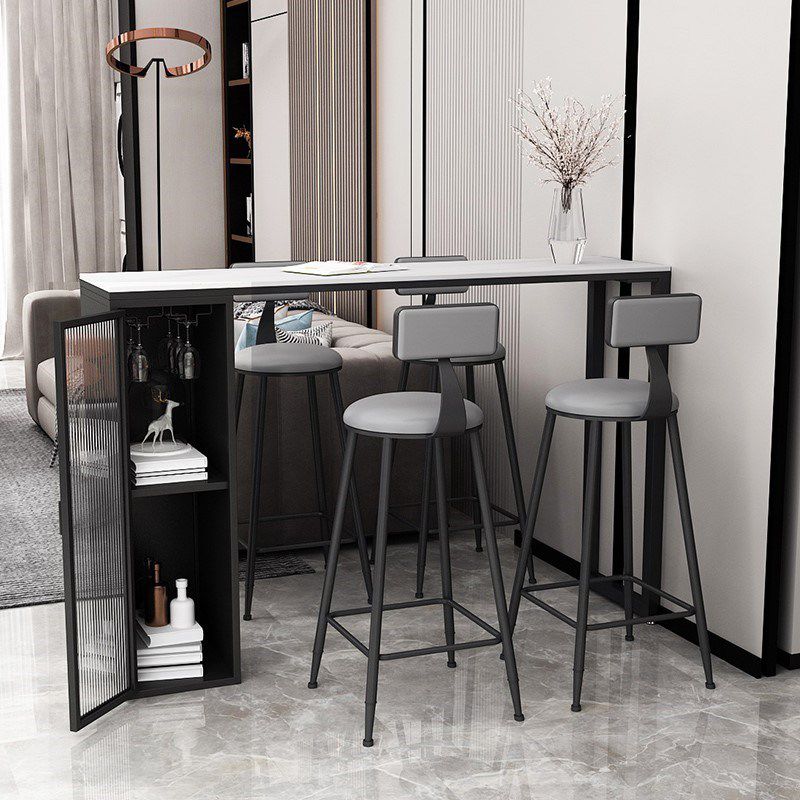 Industrial Bistro Table with Metal Storage Base Stone Top Bar Table for Home