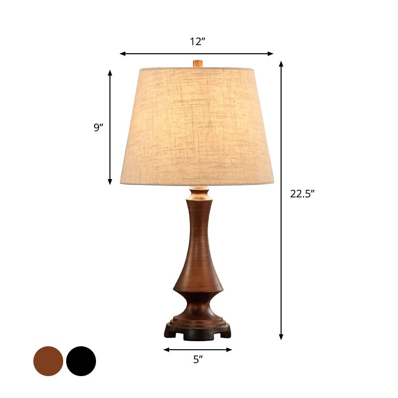 1 Head Fabric Desk Lighting Countryside Black/Brown Conical Bedroom Night Light with Slender Base