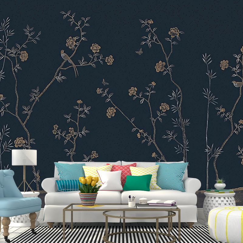 Dark Blue Chinese Wall Mural Large Flower Field Patterned Wall Art for Bedroom Decor