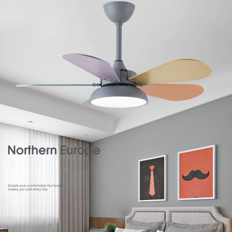 Round Kindergarten Hanging Fan Lighting Metal Macaron Style LED Semi-Flush Mount Ceiling Light