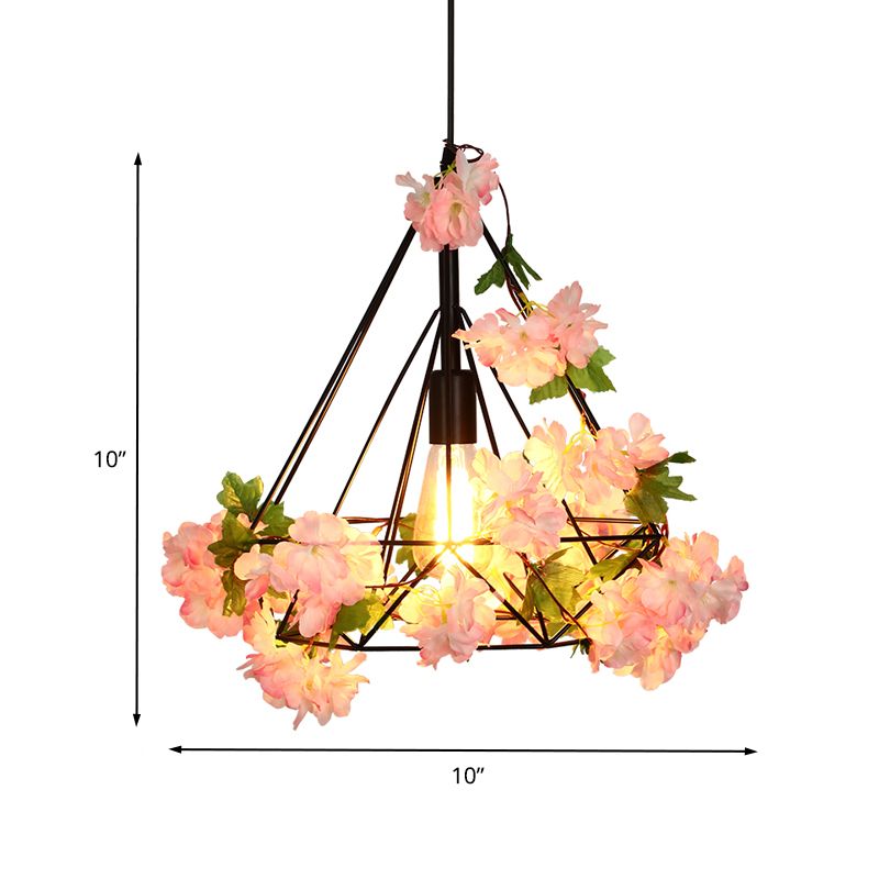 Diamond Metal Suspensions Cipante Antique 1 Head Restauranti Luce a soffitto a LED in nero con fiore di ciliegio, 10 "/15"/18 "W