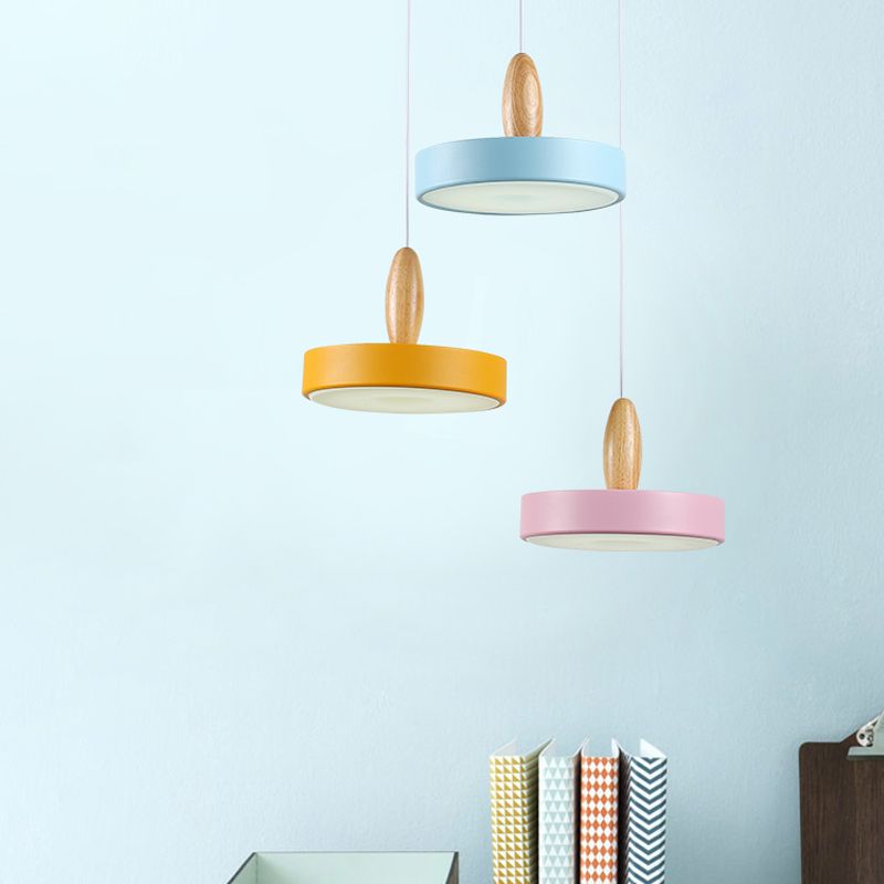 Circle Metal Hanging Pendant Light Contemporary 3 Lights Blue and Pink and Yellow Ceiling Light