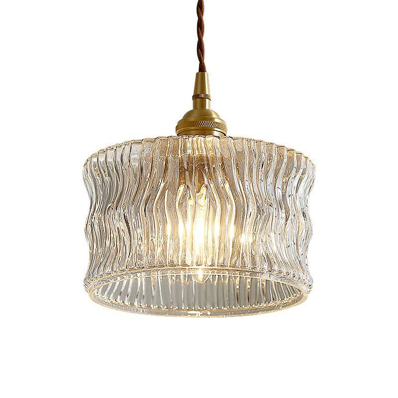 Antique Style Drum Pendant Light 1-Light Clear Ribbed Glass Hanging Light Fixture