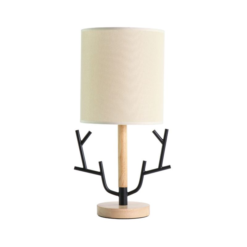 Branch Night Table Lamp Modern Wood 1-Light Black Reading Light with Barrel Fabric Shade for Bedroom