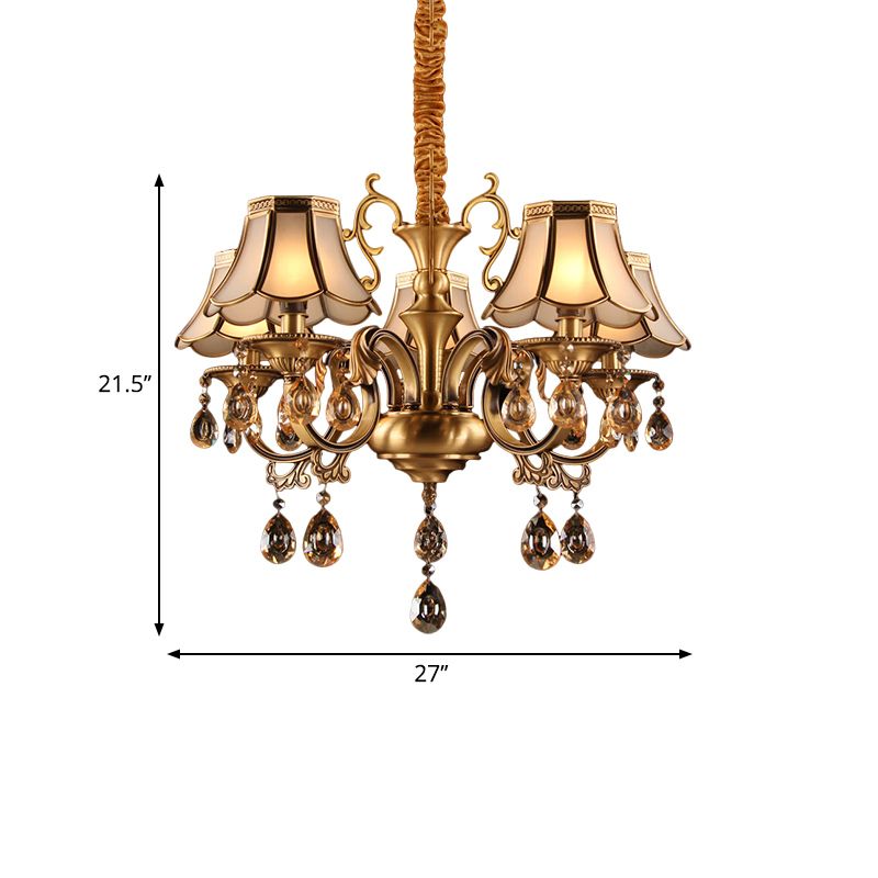 Colonial Scalloped Hanging Chandelier 5/6/8 Lights White Frosted Glass Down Lighting Pendant in Gold with Crystal Drop