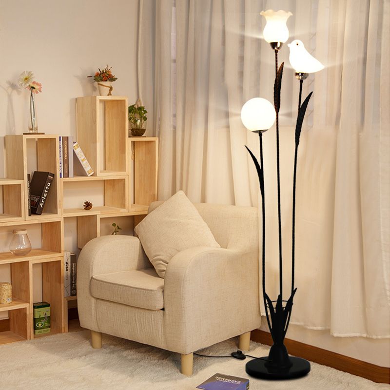 3-Bulb Living Room Tree Floor Light Contemporary Black/White Stand Up Lamp with Orb-Flower-Bird Shape Cream Glass Shade