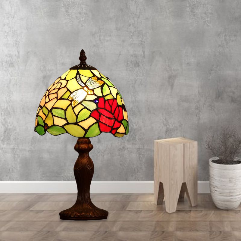 Dark Brown 1 Bulb Night Light Victorian Stained Glass Dragonfly and Rose Patterned Table Lamp