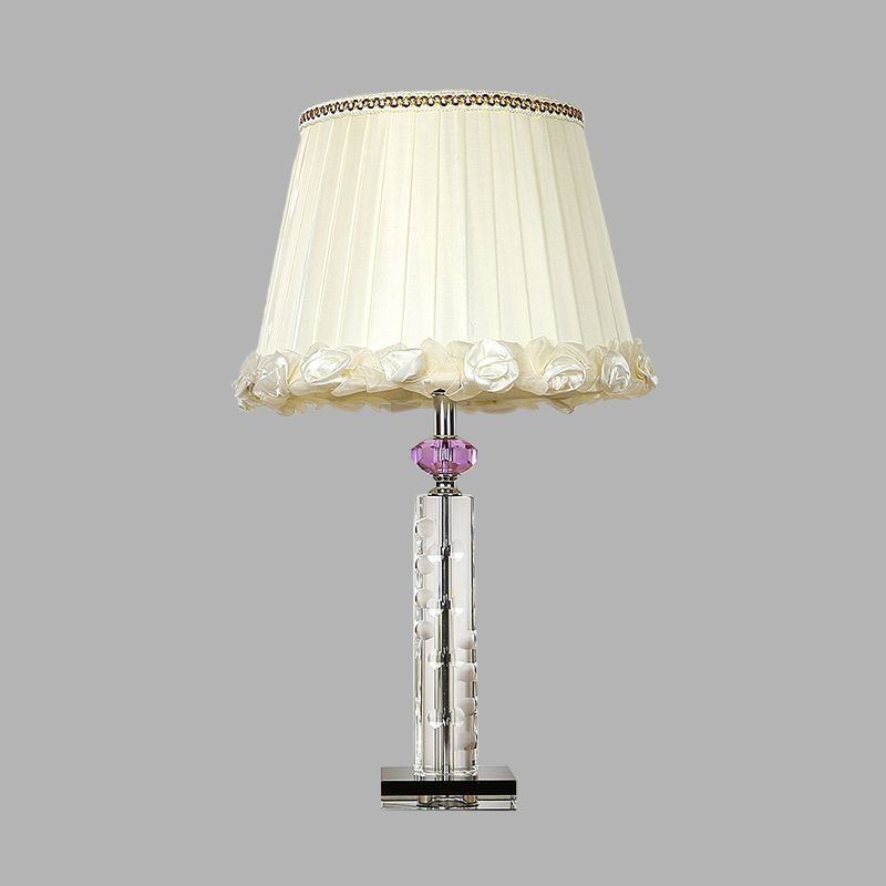 Tapered Crystal Table Light Countryside Single Head Bedroom Night Lamp in White with Braided Trim