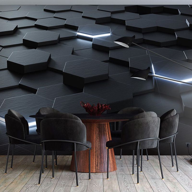 Whole Photo Style Mural Wallpaper with 3D Effect Hexagon in Dark Color for Living Room, Made to Measure