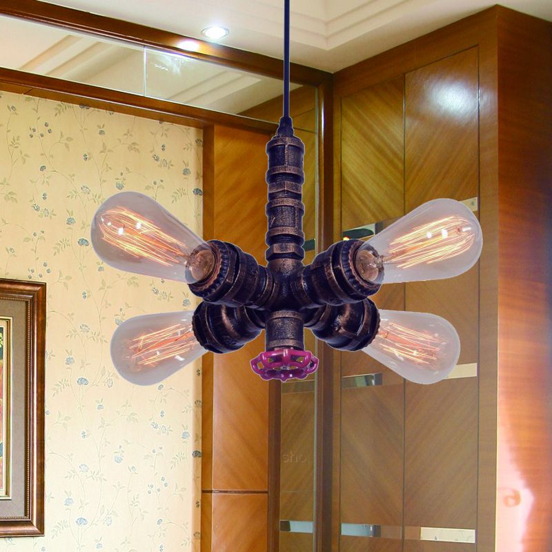 Copper Radial Pipe Hanging Lighting Industrial Iron 4 Bulbs Living Room Chandelier Pendant Lamp with Valve Deco