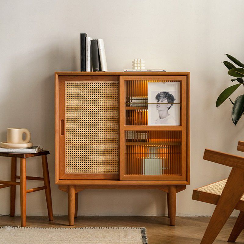 Sliding Glass Door Wood Sideboard Modern Server Cabinet with Storage for Dining Room