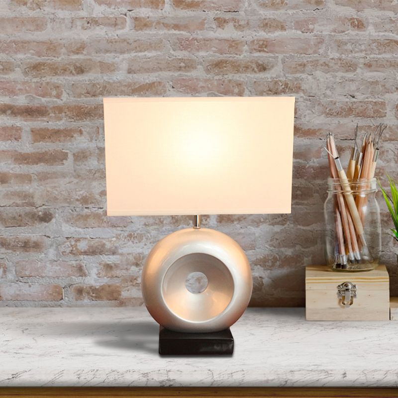 Resin Silver/Black Table Light Circle 1 Bulb Transitional Nightstand Light with Rectangle/Drum Fabric Shade