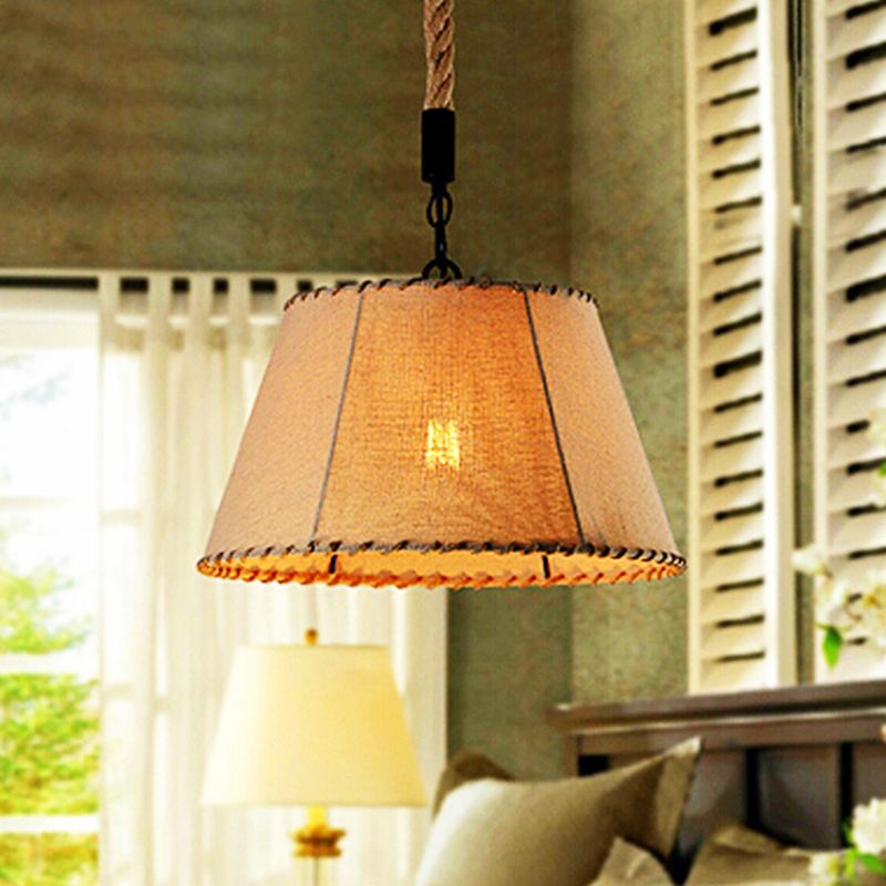 Industrial Tapered Shade Pendant Lighting 1 Light Rope and Fabric Hanging Light Fixture in Beige