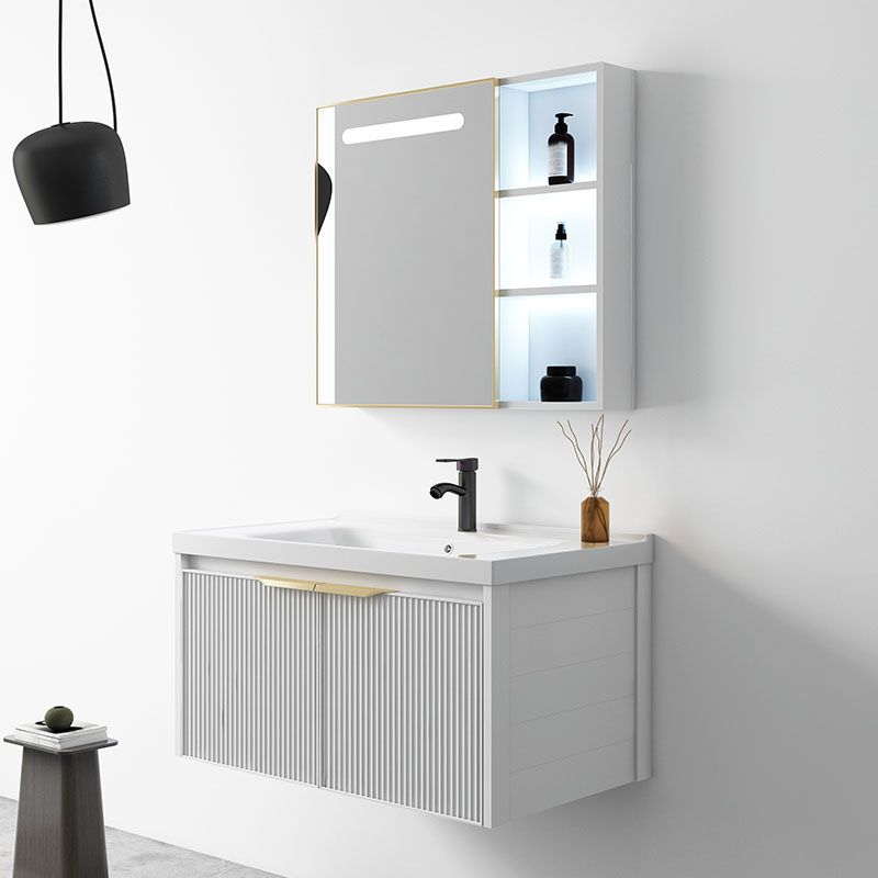 Rectangular White Vanity Single Sink Wall Mount 2 Doors Faucet Metal Frame Mirror Vanity