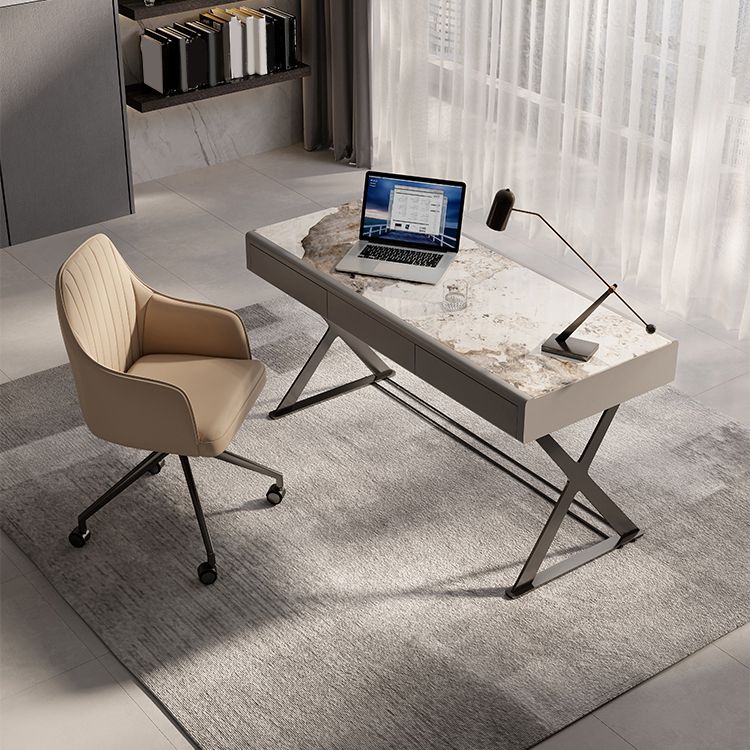 Contemporary Stone Writing Desk Bedroom Office Desk in White with Legs