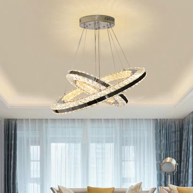 Double Ring Parlor Hanging Lamp Modern Clear Rectangular-Cut Crystals Black LED Multi Pendant