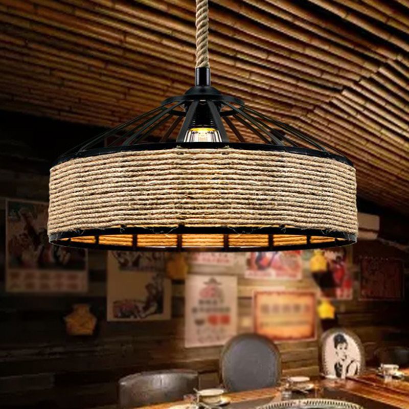 Rope enveloppé à la main Pendant Light Country Style 1 Bulbe Restaurant Plafond Plafond en brun clair