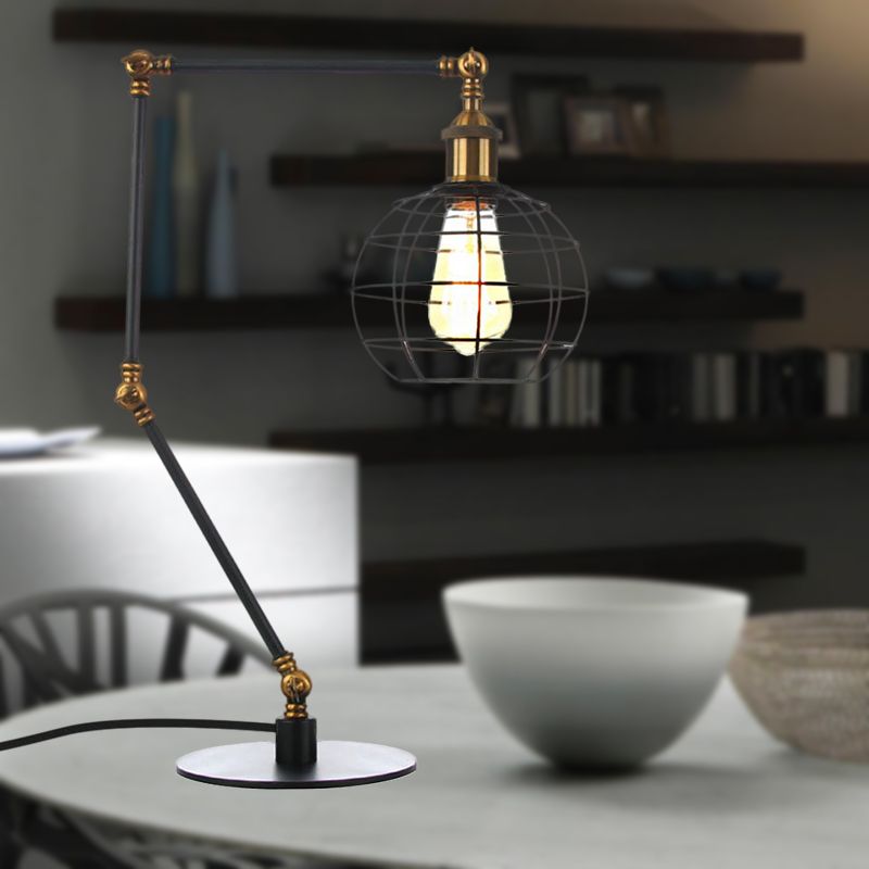 Warehouse Wire Guard Table Light Metal 1 Head Coffee Shop Table Lamp with Global Shade in Black/Brass Finish