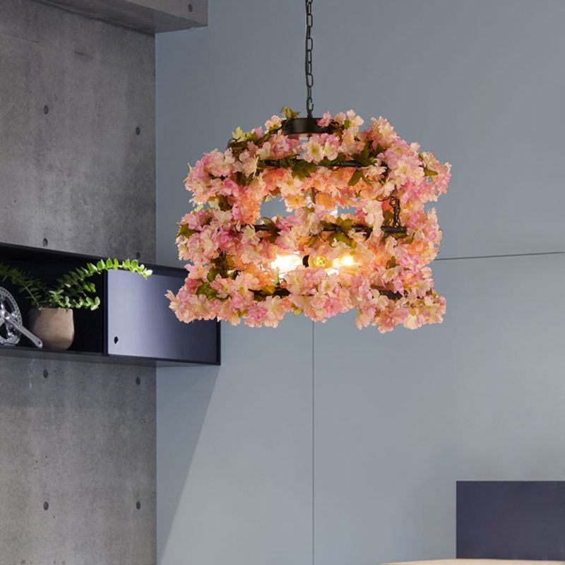 Cylinder Cage Restaurant Pendant Chandelier Warehouse 5 Lights Black Flower Hanging Ceiling Light