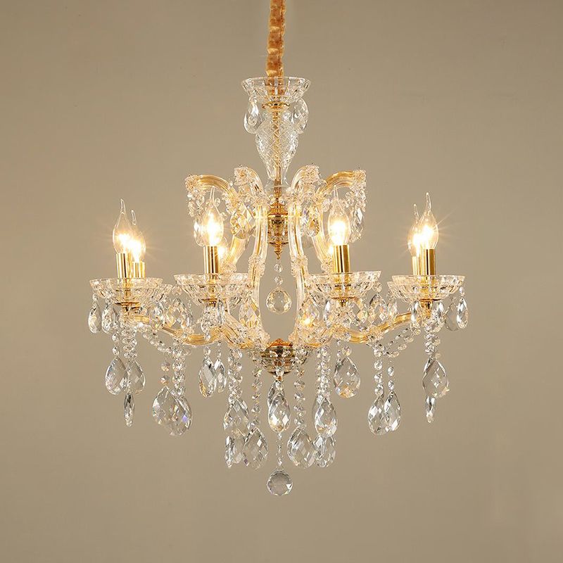 Modernist Candlestick Ceiling Chandelier Clear Crystal Glass 6/8 Bulbs Dining Room Pendant Lamp in Gold