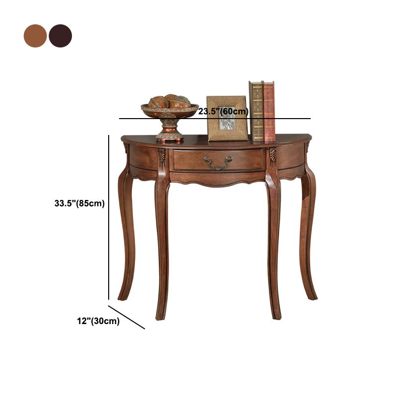 Brown Rubbered Wood Console Table Solid Wood Accent Table with Drawer for Hall