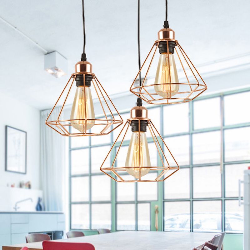 3 têtes Multi Hanging Light Fer Loft Style Dining Dining Room Plafond Lampe avec cage en diamant et canopée ronde / linéaire, or rose