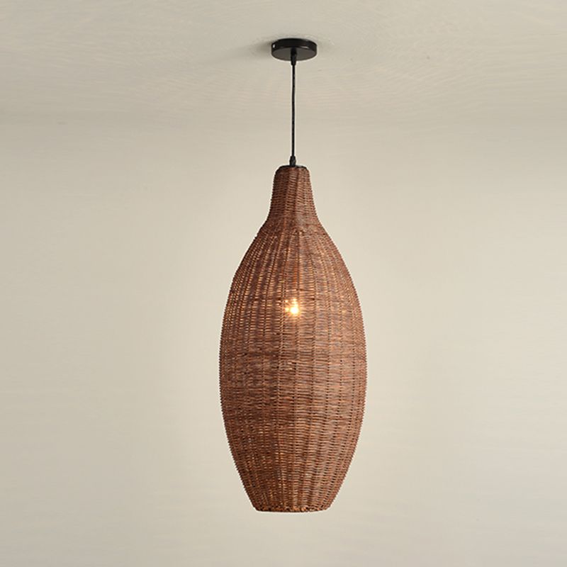 Farmhouse Natural Rattan Ciondolo illuminazione a 1 luce Sala da pranzo a sospensione in marrone