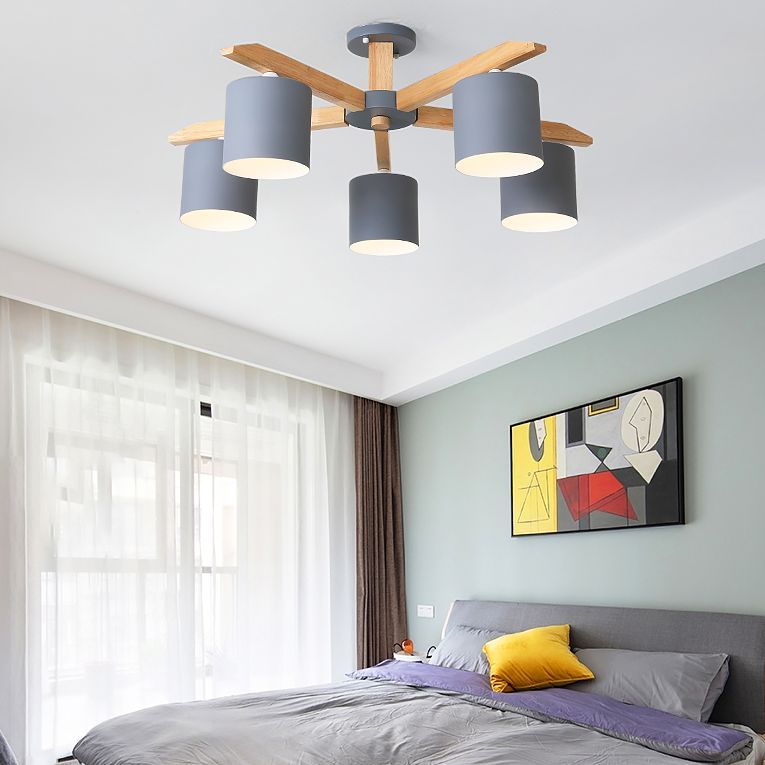 Contemporary Simplicity Solid Wood Ceiling Light Metal Cylindrical Shade Semi Flush Mount Lamp for Living Room