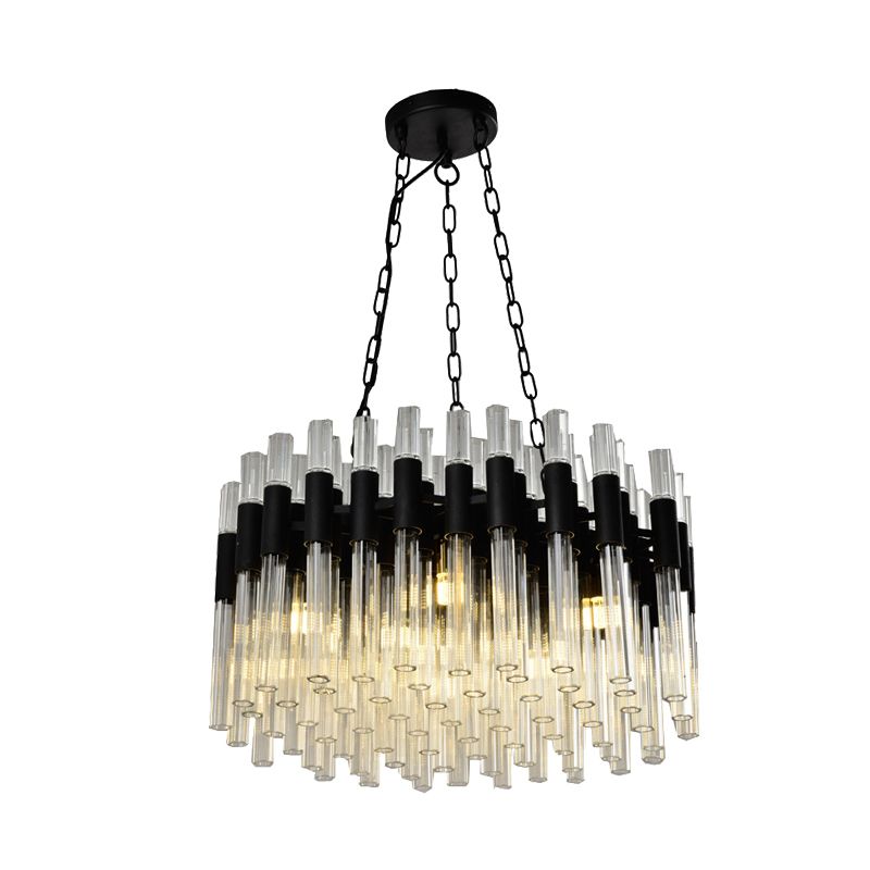 8 Lights Living Hanging Lamp Kit Modern Black Chandelier Light with Drum Fluted Crystal Shade