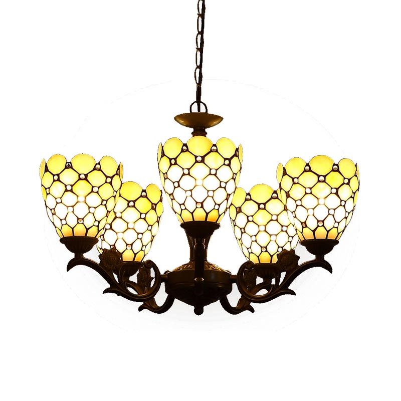 Tiffany Jeweled Chandelier Light Fixture 5 Lights Beige Glass Suspension Lamp in Black