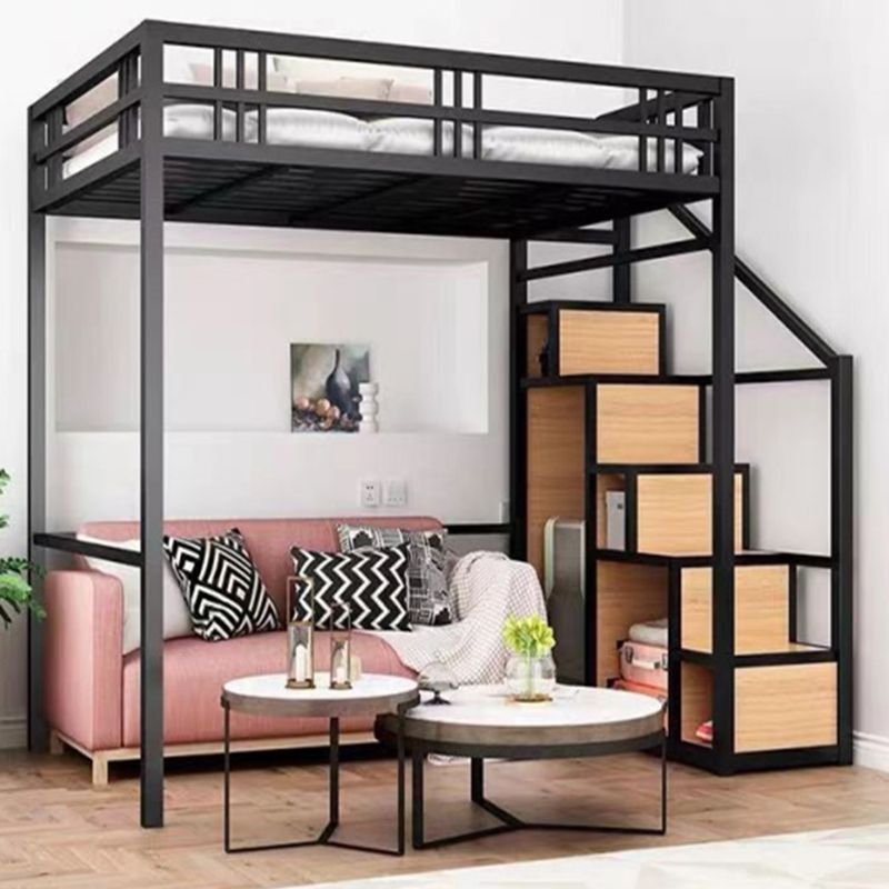 High Loft Bed with Staircase Modern Metal Bunk Bed in Black/White