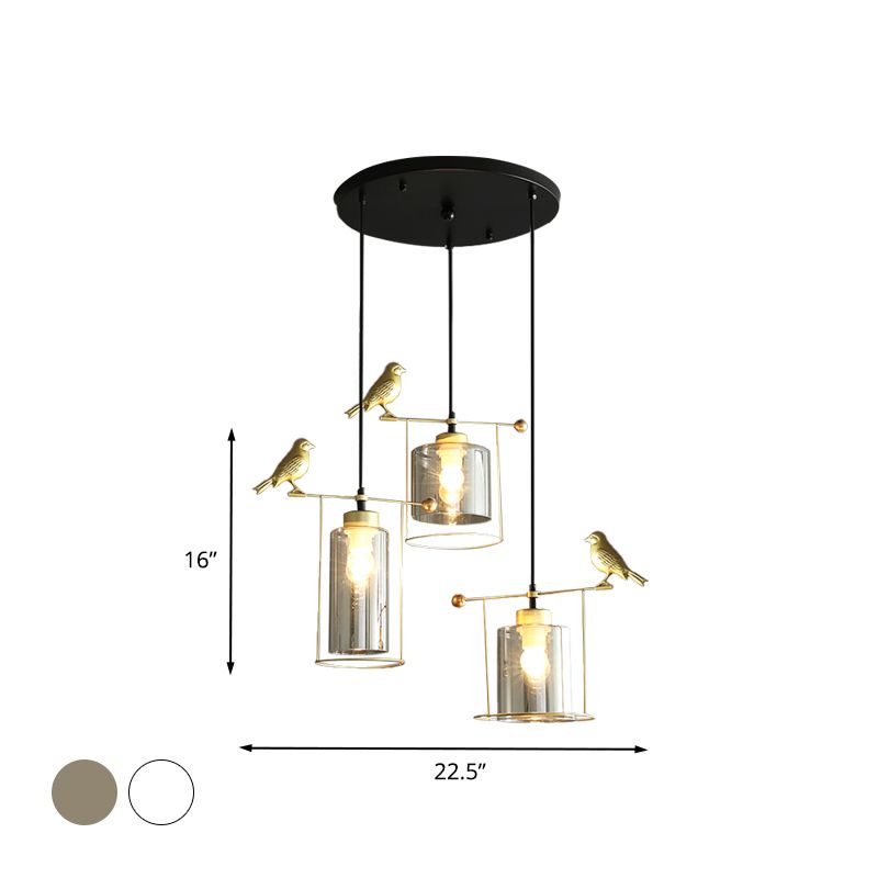 Cylinder Dining Room Cluster Pendant Cream/Smoke Gray Glass 3 Bulbs Modernism Suspension Lamp with Gold Bird Deco