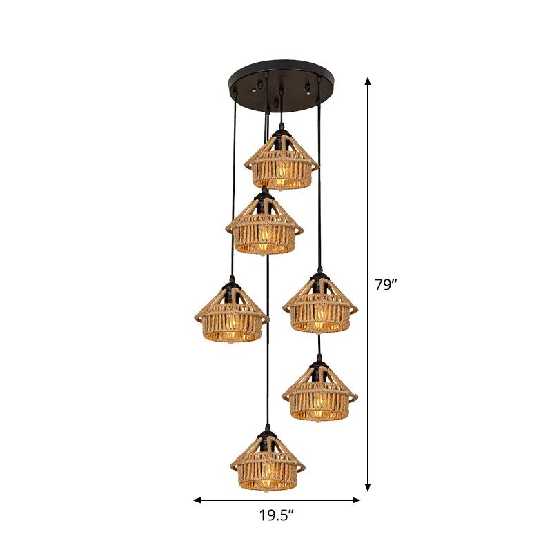 3/6-Light Mini House Multi Pendant Cottage Brown Hand Worked Rope Hanging Light Fixture, Round/Linear Canopy