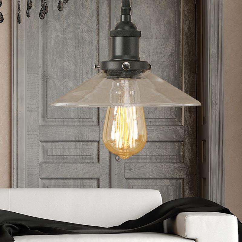 1 Light Clear Glass Pendant Lamp Industrial Black/Rust/Copper Cone Living Room Hanging Light Fixture