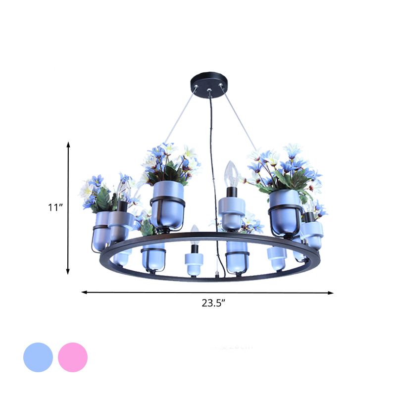 6/8 Lights Ceramic Hanging Chandelier Industrial Pink/Blue Circular Pendant Ceiling Light with Potted Plant Design