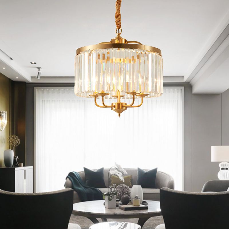 Crystal Cylinder Chandelier Lighting Modernist 4 Heads Hanging Pendant Light in Brass with Curved Metal Arm