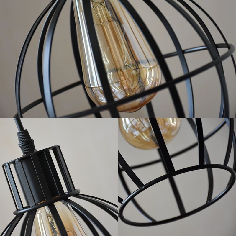 Black Finish 1 Bulb Pendant Hanging Light Industrial Metal Ball Cage Shade Ceiling Lamp for Restaurant