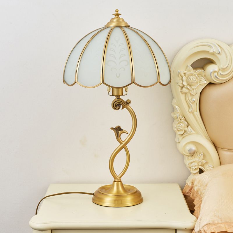 Single Umbrella Shaped Table Light Traditional Brass Cream Glass Nightstand Lamp