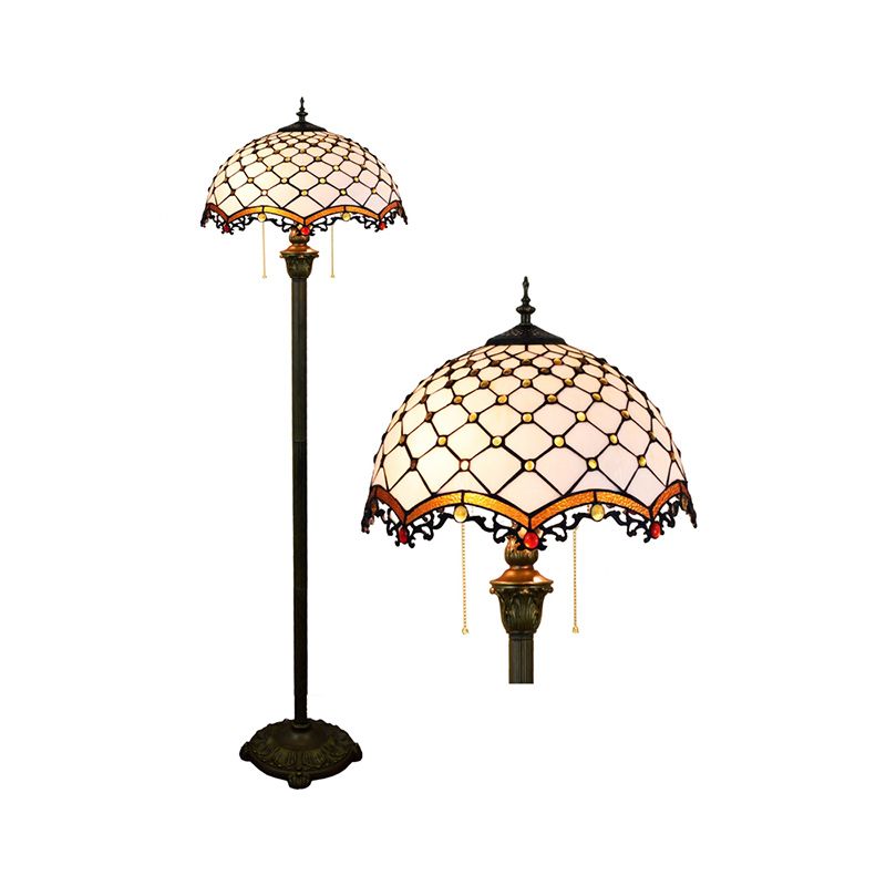 Tiffany Dome Shade Standing Light 2 Bulbs Handcrafted Glass Floor Lamp with Pull Chain